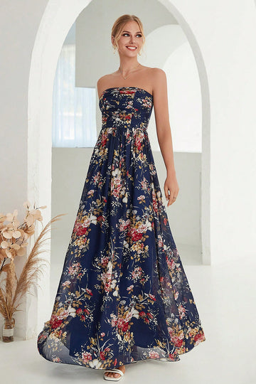 Bedrukte Bloemen Navy Strapless A-lijn lange formele jurk